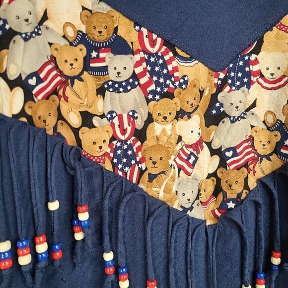 Vintage Hanes Teddy Bear Navy Blue American Flag Beaded Fringe Shirt - Picture 4 of 6